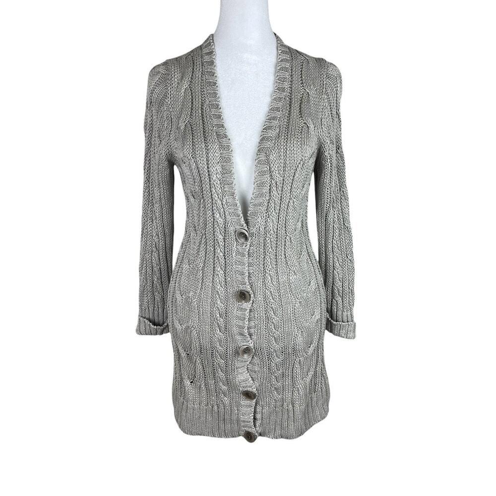 Margaret O'Leary 100% Linen Cable Knit Gray Button Cardigan Sweater Size Medium